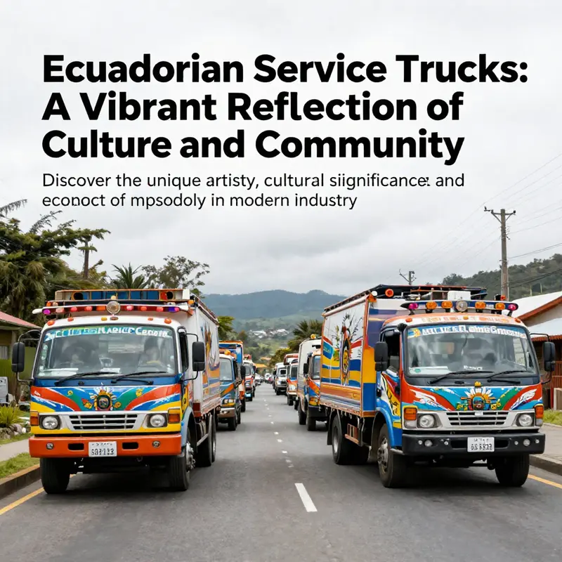 A panoramic landscape featuring multiple Ecuadorian service trucks adorned with colorful murals on a scenic road.