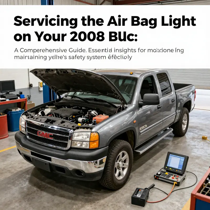 2008 GMC truck parked in a garage surrounded by tools and diagnostic equipment, emphasizing air bag light servicing.