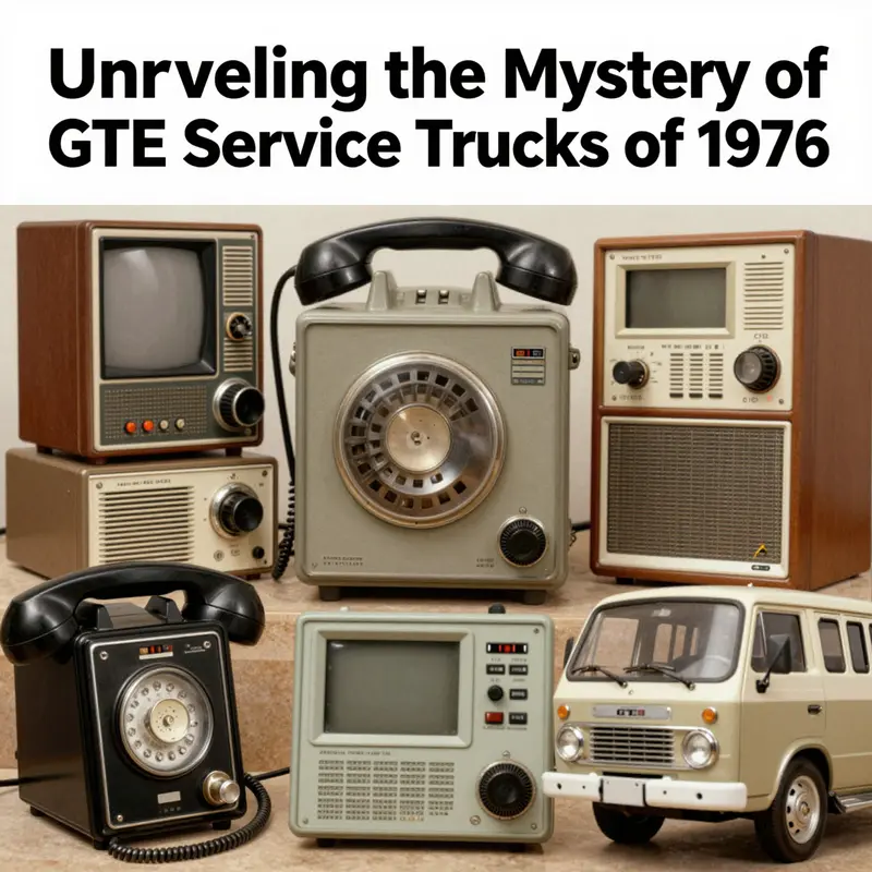 An investigator’s desk showcasing elements associated with GTE Service Trucks and the 1976 truck industry.