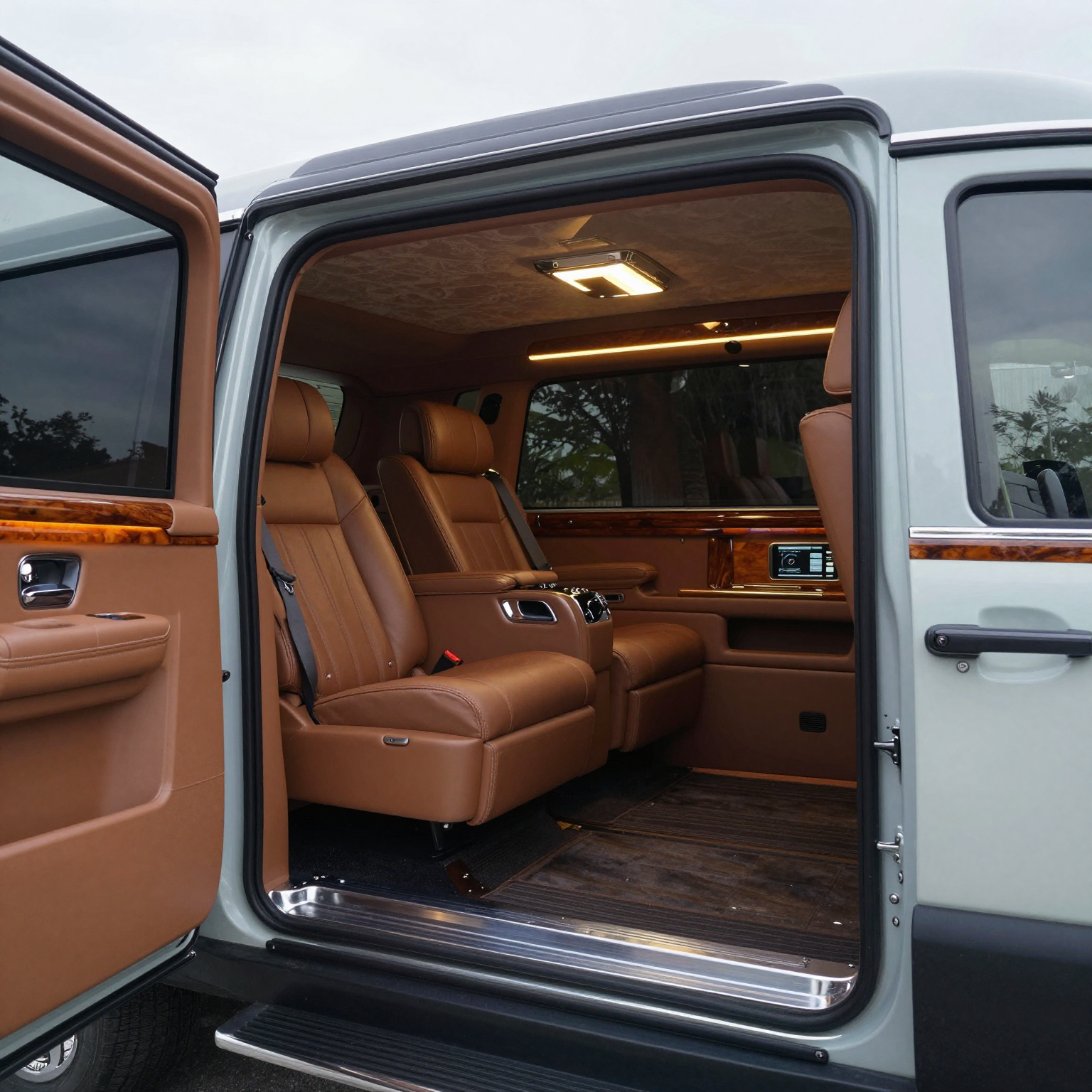 Interior of a luxurious truck limousine showcasing various customization options.