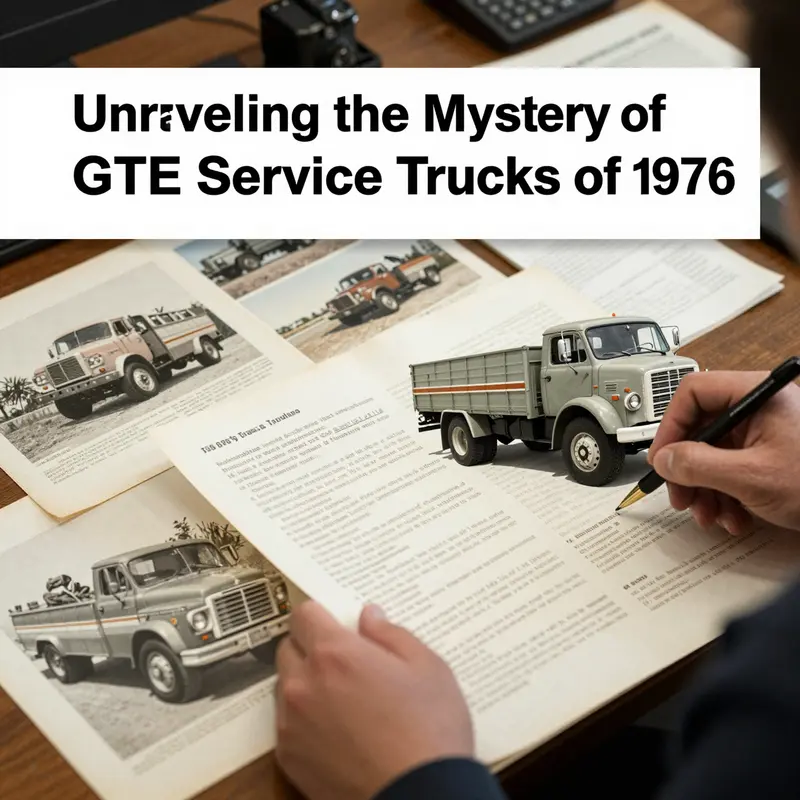 An investigator’s desk showcasing elements associated with GTE Service Trucks and the 1976 truck industry.