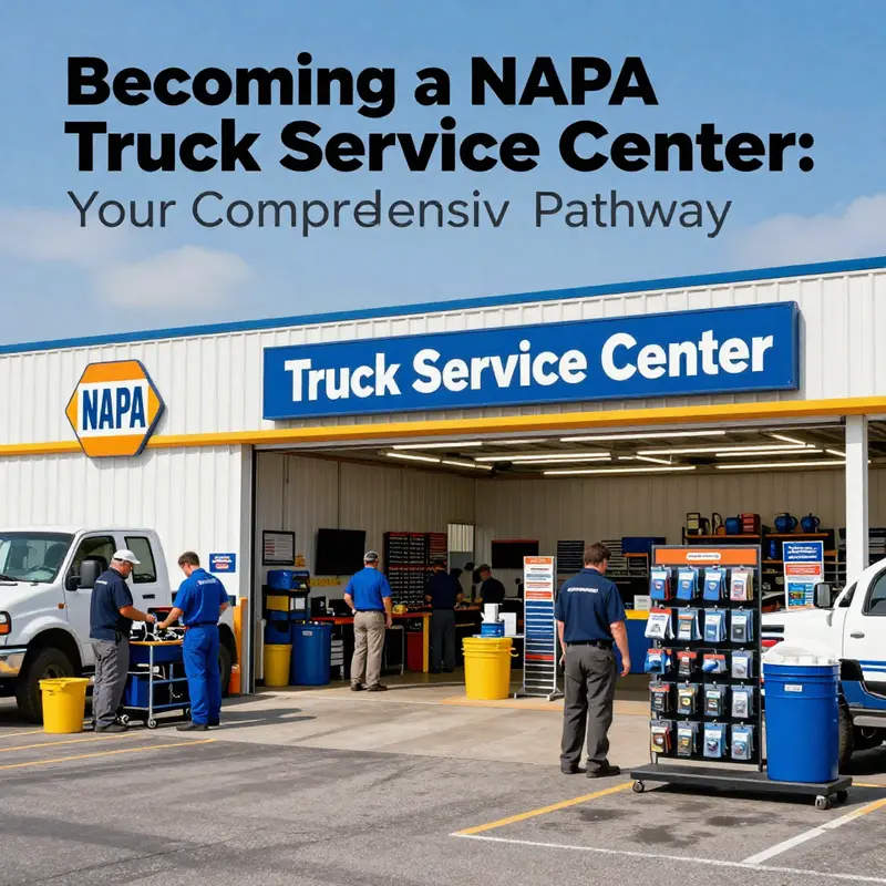 An engaging image of a NAPA Truck Service Center illustrating technicians engaged in vehicle repairs, showcasing the center's operations and NAPA branding.