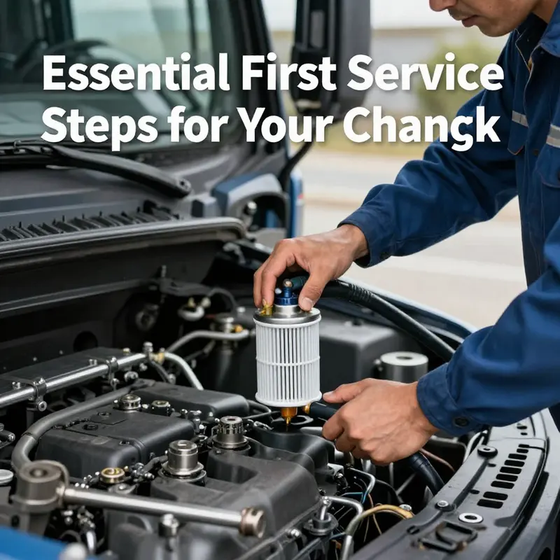 Mechanic changing oil and filter during the first service on a new truck.