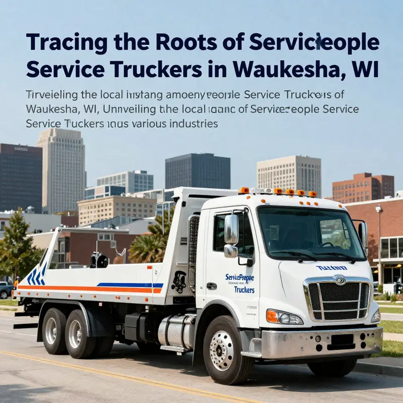 A sleek tow truck from ServicePeople Service Truckers with Waukesha's skyline in the background, representing the company's role in local transportation.