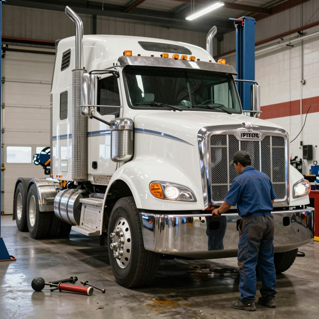 A Peterbilt truck undergoing maintenance in a service environment, with a mechanic, tools, and a garage background.
