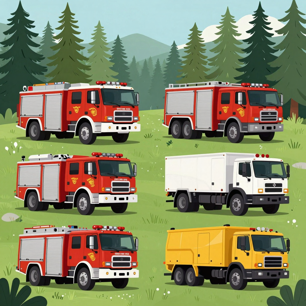 Various types of trucks in a forest setting