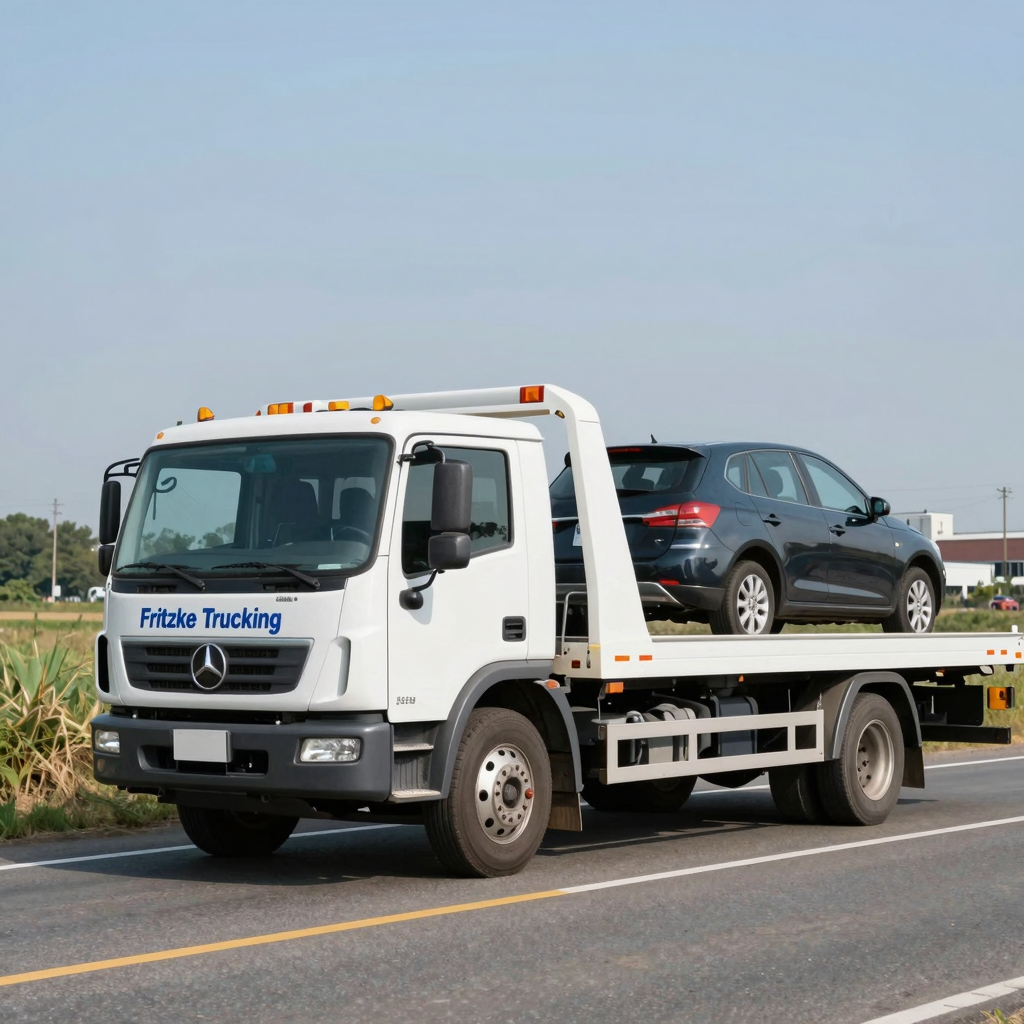 A clean and modern tow truck in action, helping a stranded vehicle on a roadside.