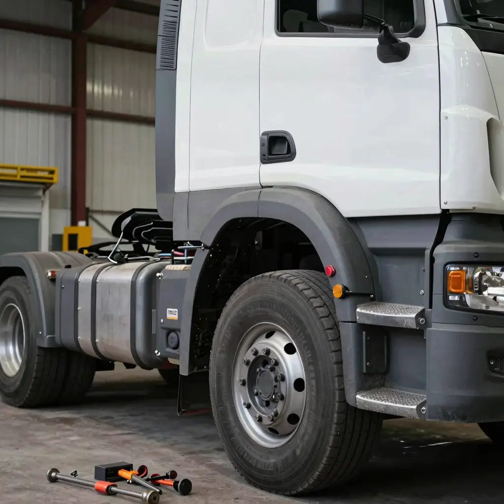 A professional mechanic performing maintenance on a heavy truck