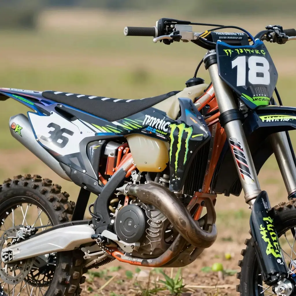 Dirt bike with vibrant monster graphics