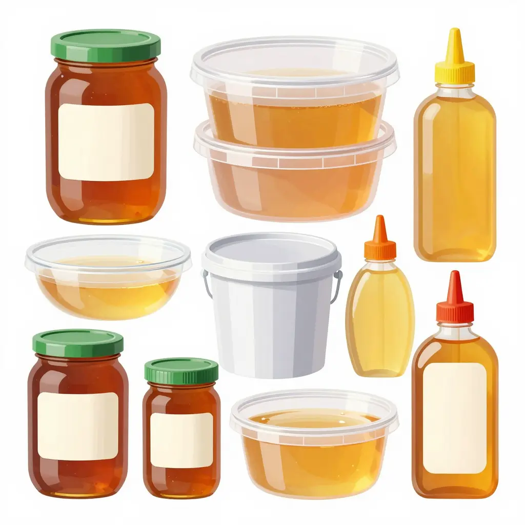 Various styles of food-grade plastic containers suitable for honey