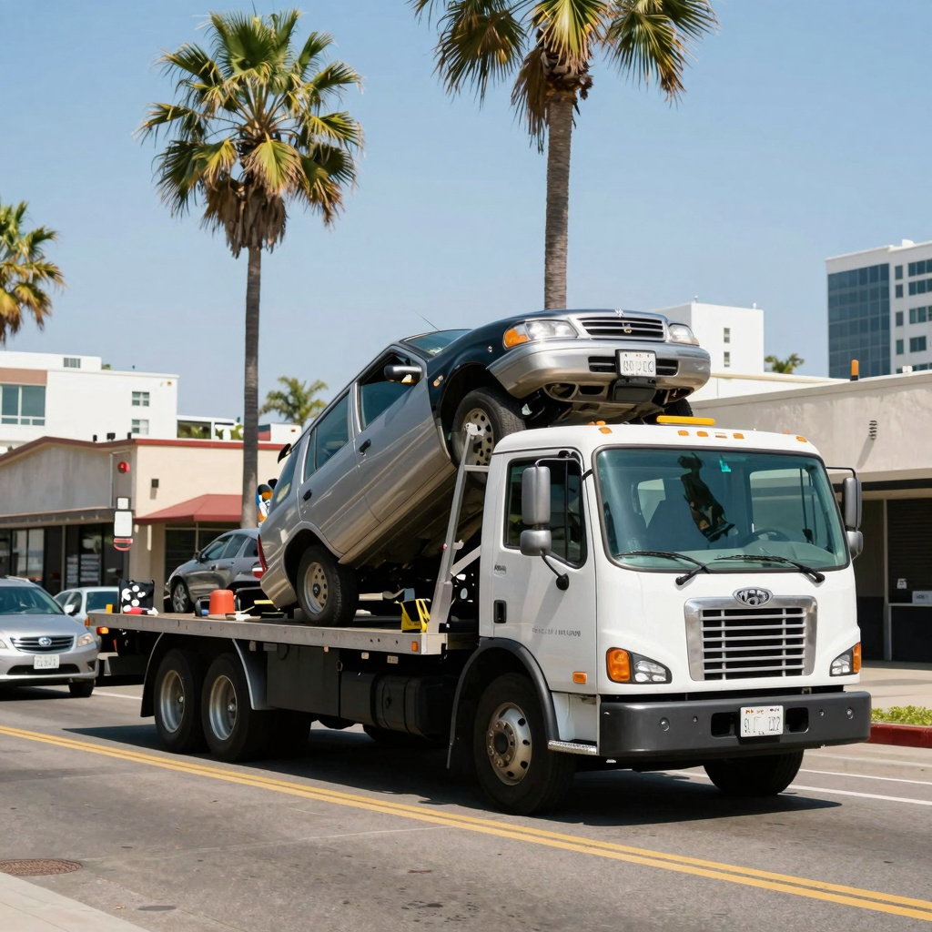 Tow truck in action on a San Diego street