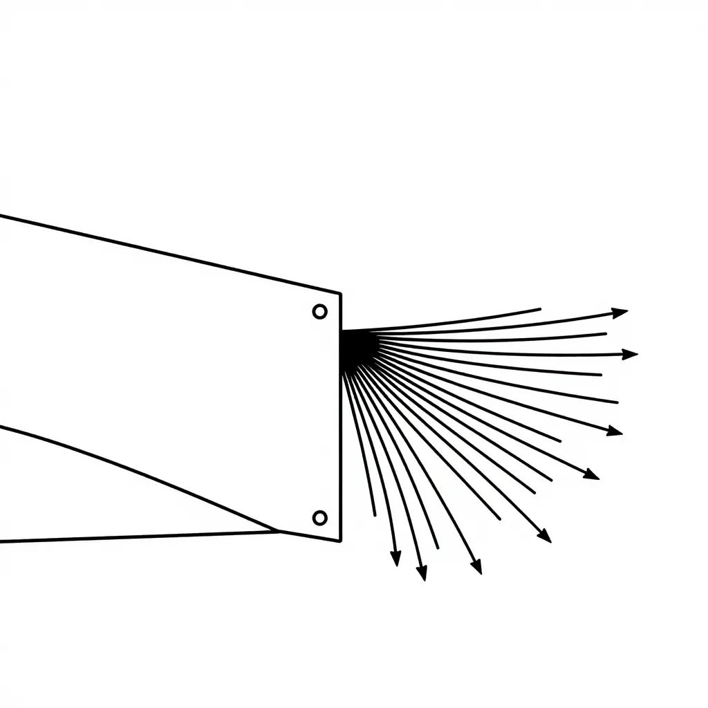 Minimalist 2D schematic showing stress concentration at a fairing mounting tab, with a bolt hole at the tab tip and radiating stress-flow lines converging at the tab base and inside corner.