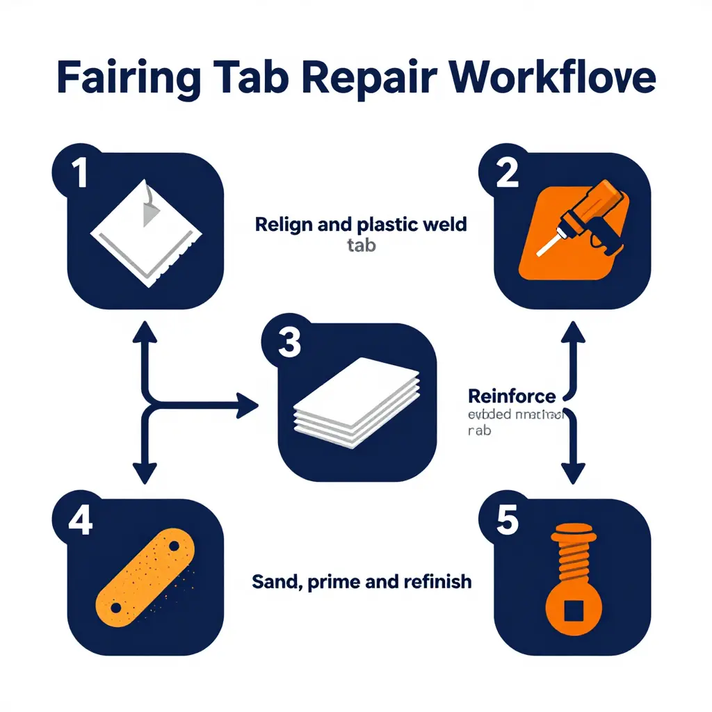Fairing tab repair workflow diagram showing clean, weld, reinforce, refinish, and reinstall steps