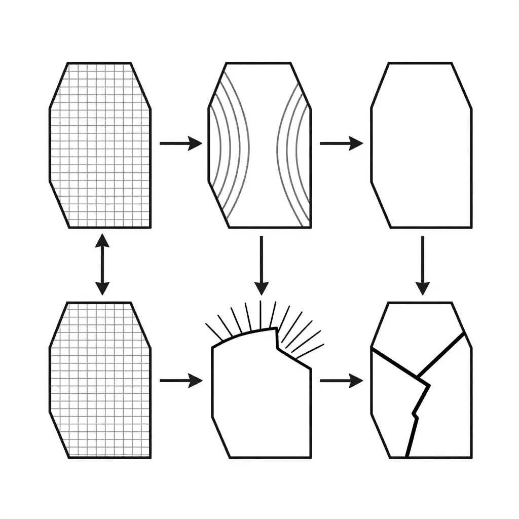 Two-dimensional process flow diagram showing the four stages of thermal contraction leading to a fairing tab crack: normal temperature, cooling and contraction, stress concentration at the tab, and the resulting crack