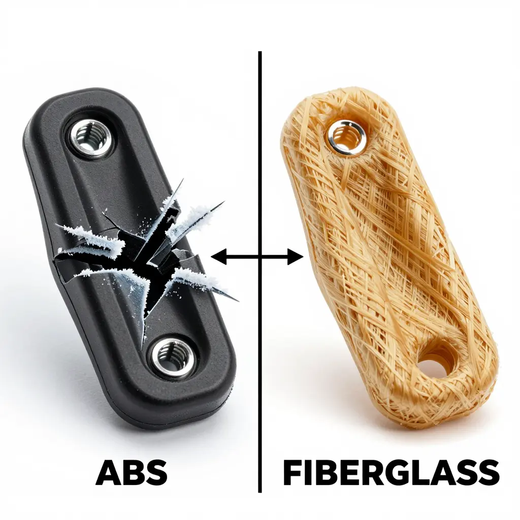 Side-by-side comparison of a rigid ABS fairing tab cracked at the screw hole versus a fiberglass tab of the same shape flexing without breaking in cold weather
